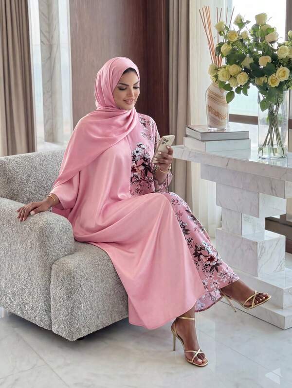 SHEIN Lady CURVE 大码 V 领长袖纯色粉色花朵拼接宽松休闲连衣裙，夏季