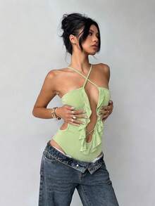 Aloruh Women's Spring/Summer Vacation Solid Green Romper With Ruffled Hem, Criss-Cross Spaghetti Straps, Backless Sexy Bodysuit - Green - View 1