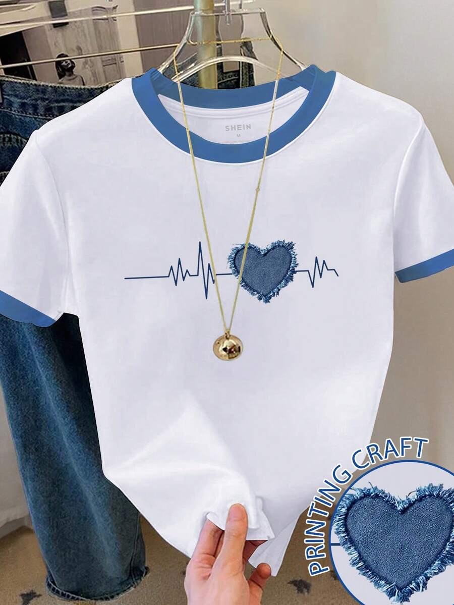 Resyla 女士撞色爱心印花短袖休闲圆领T恤 - 白色 - 查看 1