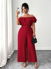 Elenzga Mono de verano de moda casual, elegante y retro francés, ideal para ir y venir del trabajo o de vacaciones, con volantes y hombros descubiertos, en color rojo - Rojo - Ver 1