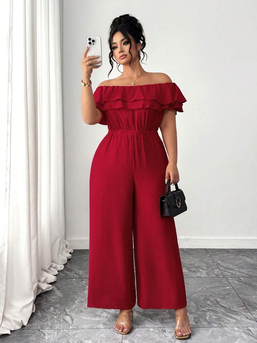 Elenzga Mono de verano de moda casual, elegante y retro francés, ideal para ir y venir del trabajo o de vacaciones, con volantes y hombros descubiertos, en color rojo - Rojo - Ver 1