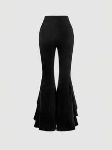 SHEIN MOD Petite Black Date Night Romantic Contrast Lace Ruffle Trim Velvet Flare Leg Pants - Black - View 2