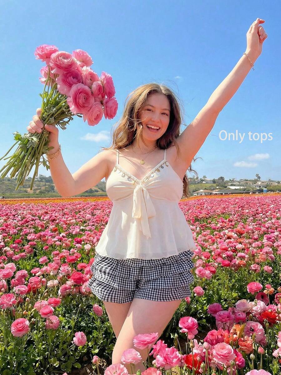SHEIN MOD 大码纯色系带优雅吊带背心，杏色复古不对称肩部扭结图案上衣，适合春夏外出和度假，女士夏季外出套装多件装上衣，哈瓦那之夜套装