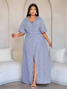 SOLERSUN Đầm sơ mi nữ cỡ lớn in sọc, cài cúc phía trước, vạt bất đối xứng, tay áo cánh dơi, tay ngắn, xẻ tà, dáng chữ A, dài, kiểu áo quấn, thanh lịch, thích hợp mặc đi làm hàng ngày, phong cách riêng, thường ngày, dễ mặc và cởi, thích hợp cho ngày Valentine, đơn giản, thanh lịch, thời trang nữ. - Xanh đậm - Xem 3