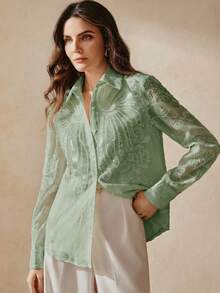 Anewsta 法国奢华串珠亮片刺绣领长袖女式衬衫，修身百搭 - 綠色 - 查看 7