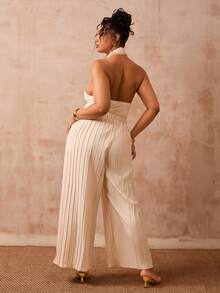Veslaya Conjunto de 2 piezas de top de punto con cuello drapeado y cintura ajustada, y pantalones plisados de pierna ancha en color blanco, para mujer talla grande, ideal para festivales de música, Pascua, estilo bohemio, fiestas de cumpleaños, graduación, universidad, uso diario casual, vacaciones, cruceros, playa, tomar el sol, estilo viral, de invitada a boda, ir al trabajo, brunch, aeropuerto, eventos, elegantes banquetes, bailes y momentos relajados, primavera/verano 2026 - Albaricoque - Ver 3