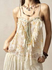 Bohemela 波西米亚风度假休闲编织小碎花撞色蕾丝吊带背心不对称下摆女式吊带背心 - 芥末黃 - 查看 5