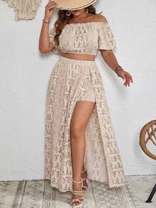 SHEIN VCAY 大码女装春夏沙滩波西米亚风拼接印花露肩短款上衣和高开衩半裙两件套 - 杏色 - 查看 1