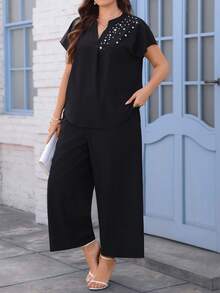 Miaspire Plus Size Elegant Pearl Embellished Shirt And Pants 2 Pieces Set, Summer - Black - View 5