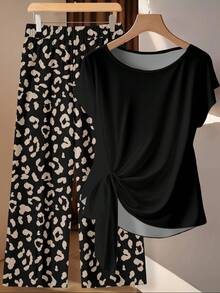 SHEIN Clasi 休闲简约黑色衬衫配领结和黑色底棕色豹纹宽松直筒裤两件套，适合春夏、度假、复古风格 - 彩色 - 查看 3