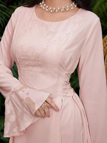 Al Najma Jacquard Splice Tie-Up Design Waist Cinching Round Neck Flare Sleeve Elegant Party Dress - Pink - View 2