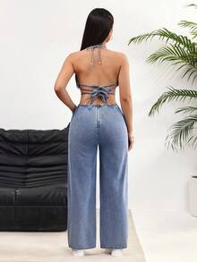 Rivivi Women's Backless Halter Denim Jumpsuit - Blue - View 2