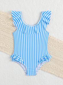 SHEIN 女婴蓝白条纹蝴蝶结装饰荷叶边连体泳衣，适合海滩度假，春夏秋季皆宜 - 藍白色 - 查看 9