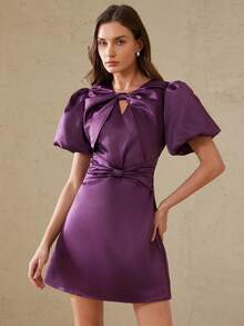 BELROSIE Elegante vestido corto de mujer con diseño de lazo fruncido, mangas de pétalos y silueta evasé, de satén para fiesta - Morado - Ver 7