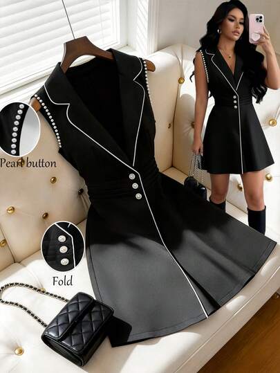 GlowEve Women's Solid Black Sleeveless Blazer With Lapel Collar, White Trim Design, Pearl Button Closure, Waist Pleats, Shoulder Pearl Trim, A-Line Silhouette, Elegant Refined Casual Commute Date Outfit, Spring Summer New