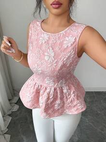 Elenzga 女士优雅提花蝴蝶结串珠链条装饰无袖上衣，夏季 - 粉色 - 查看 5