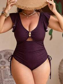 Swim Chiccia 1件大码女士黑色连体泳衣，性感度假泳装 - 中紫紅色 - 查看 1