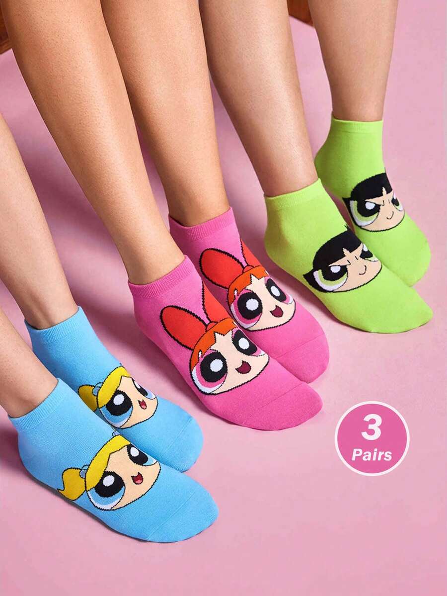 THE POWERPUFF GIRLS X SHEIN 3双装柔软透气吸湿休闲糖果色短袜,甜美图案,时尚可爱卡通粉色、蓝色和绿色女款短袜,加固趾部和脚跟,经久耐穿,四季皆宜,夏季和冬季百搭,印花图案,花朵、泡泡和毛茛 - 彩色 - 查看 1