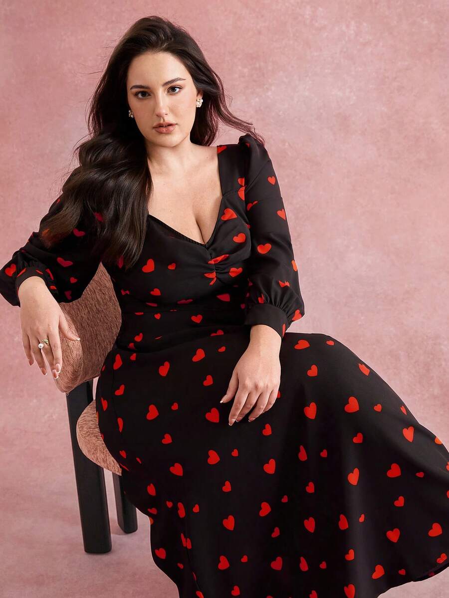 Juhart Đầm maxi dáng chữ A xẻ tà, cổ hình trái tim, xếp ly sâu, tay phồng, eo thắt, dành cho nữ cỡ lớn, màu đen với họa tiết trái tim đỏ, thích hợp cho lễ Halloween, Giáng sinh, tiệc Valentine, mùa xuân/hè/thu/đông. - màu đen - Xem 1