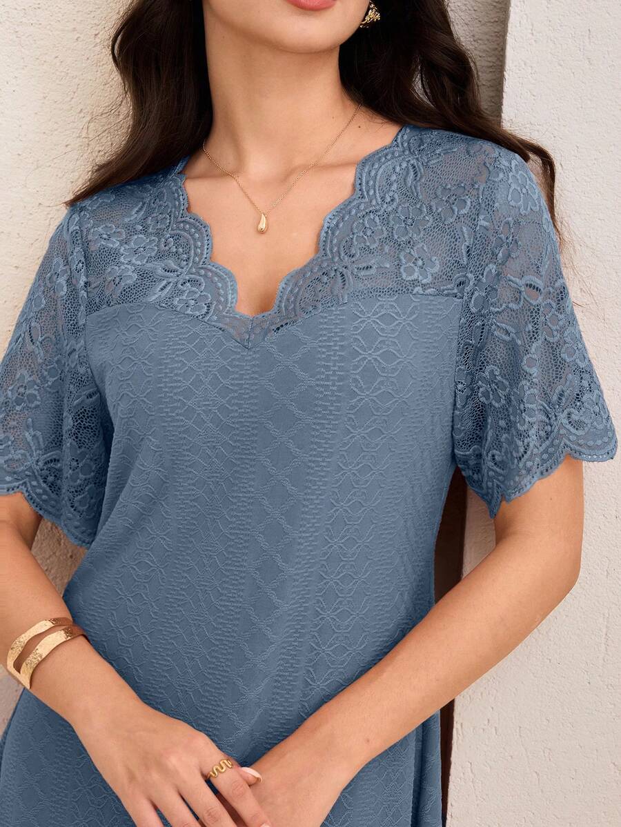 Lacomfia V-Neck Contrast Lace Textured Knit Mid-Length Dress For Women - Blue - View 1