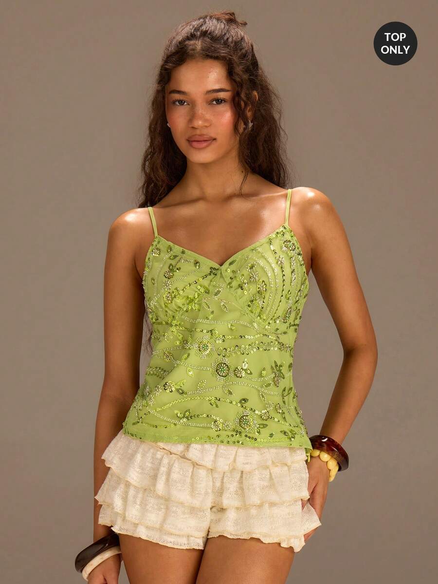 Athîral 女士花卉亮片时尚吊带背心 - 綠色 - 查看 1