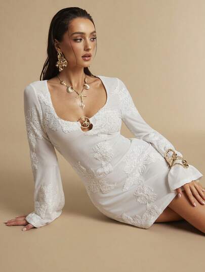 Silquee 女士网纱提花宽松沙滩度假迷你连衣裙