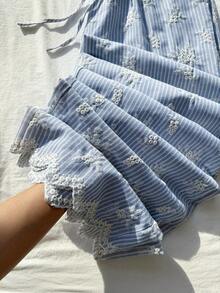 Comfortcana 大码休闲条纹花卉刺绣裤 - 藍色 - 查看 6