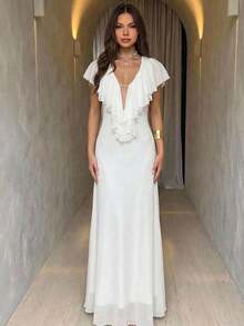 Aloruh Đầm ôm dáng cổ chữ V sâu, màu trơn, viền bèo nhún dành cho nữ - trắng - Xem 9