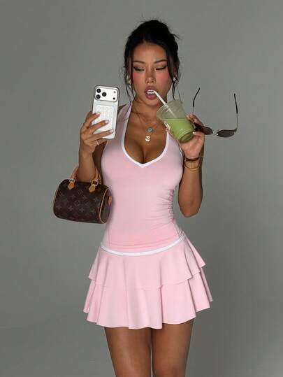 CourtClass 2pcs Women's Spring/Summer Sports Set, Halter Neck Fitted Top With Contrast Trim, Colorblock Skirt With Shorts Lining And Pockets, Suitable For Fashion, Casual, Running, Yoga, Gym, Tennis, Golf