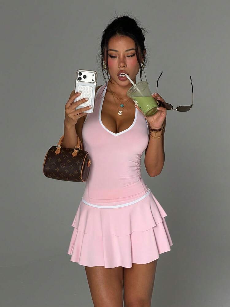 CourtClass 2pcs Women's Spring/Summer Sports Set, Halter Neck Fitted Top With Contrast Trim, Colorblock Skirt With Shorts Lining And Pockets, Suitable For Fashion, Casual, Running, Yoga, Gym, Tennis, Golf - Pink - View 1