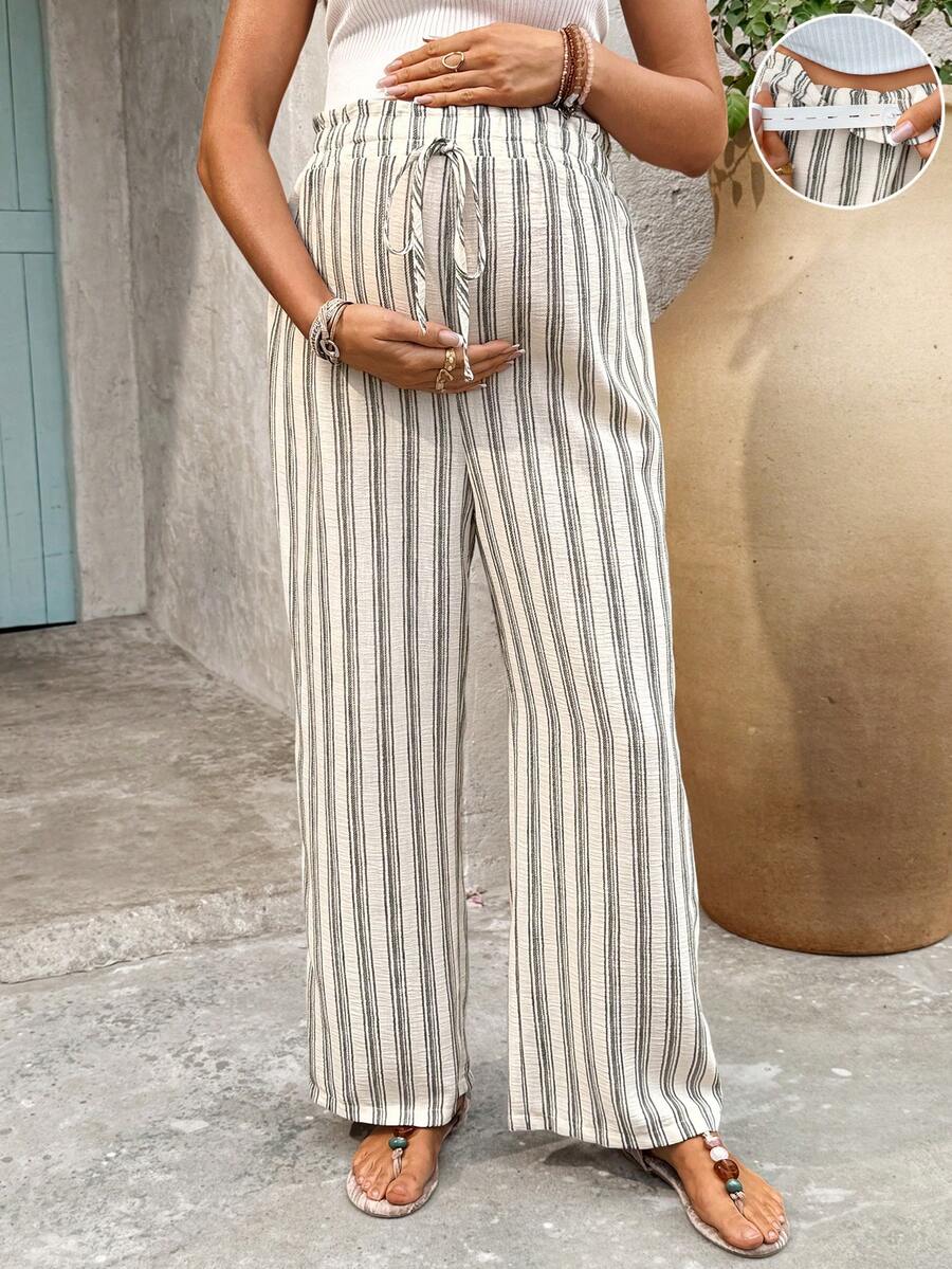 SHEIN 孕妇休闲条纹高腰裤 - 卡其色 - 查看 1