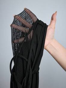 ROMWE Goth Y2K Vintage Off-Shoulder Perforated Distressed Hollow Mesh Splice Mid-Sleeve T-Shirt - Black - View 12