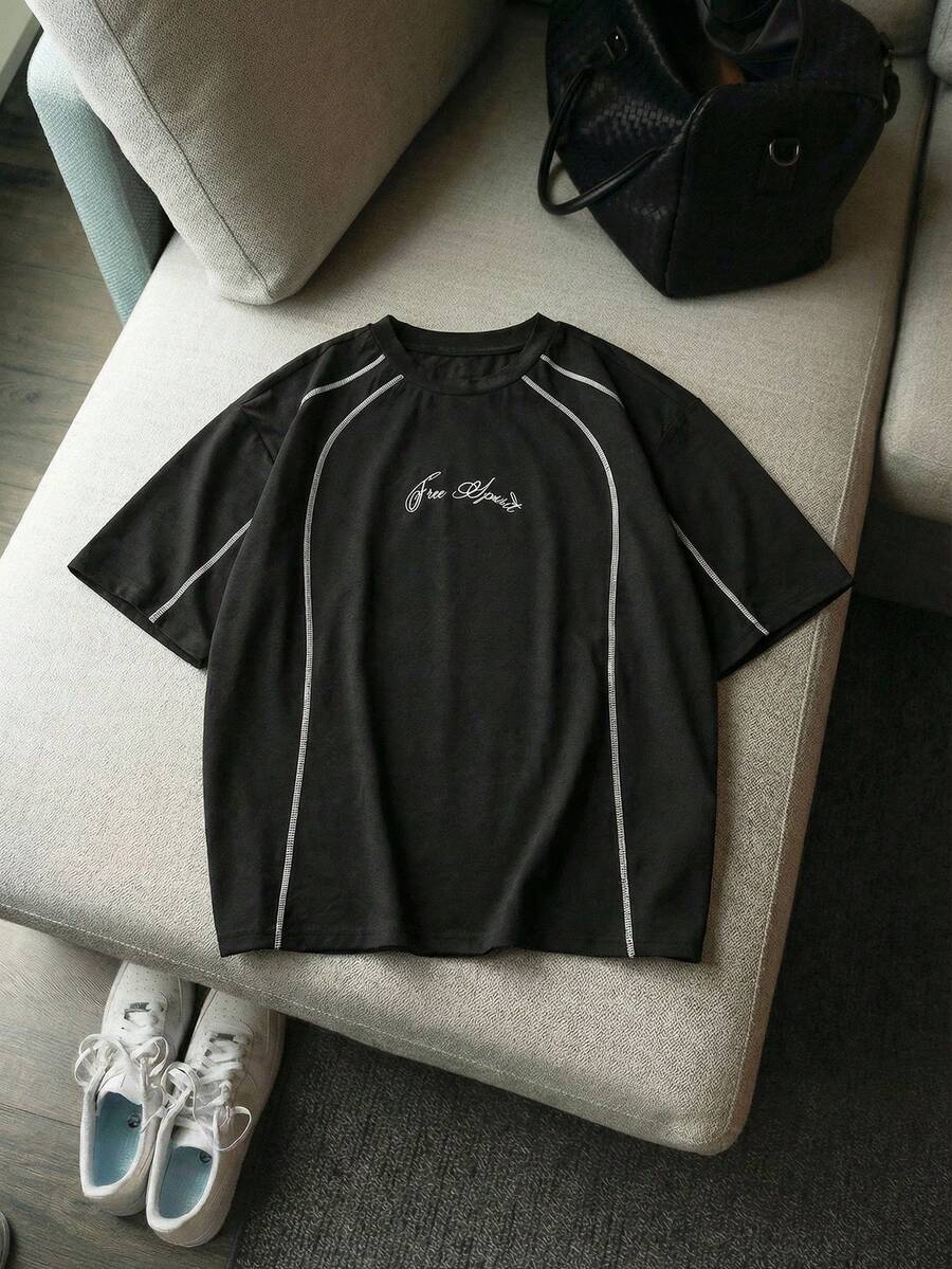 AXEPEAK Męska koszulka z krótkim rękawem i okrągłym dekoltem, z nadrukiem i napisem, na lato - Czarne - Zobacz 1