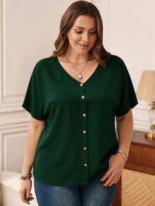 EMERY ROSE Plus Size Women's Orange Button Embellished Short Sleeve Blouse For Spring - Dark Green - View 1