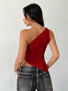 Flirla Women's Solid Color Ruched Asymmetric Hem Fitted Sleeveless Top - Redwood - View 2