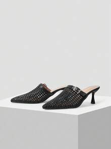 Women's Spring And Summer New High-Heeled Stiletto Pointed Woven Hollow Kitten Heel Fashion French Sandals - Black - View 2