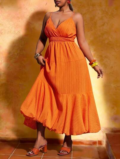 Veslaya 2026 Spring/Summer Plus Size Women's New Music Festival, Easter, Western, Nomadic, Birthday Party, Graduation, College, Student, Wedding Guest, Boho, Commute, Brunch, Airport, Party, Holiday, Elegant Banquet, Ball, Casual, High-End Elegant Solid Orange Spaghetti Strap Cinched Waist Criss-Cross Back Cutout Ruffle Hem Maxi Dress Orange Summer Dress Orange Vacation Dress Orange Beach Dress Orange Maxi Dress Orange Sundress