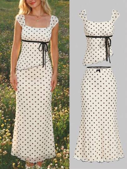 Girlism Teen Girl Summer Casual Vacation Knit Mesh Polka Dot Print Top And Fish Tail Skirt 2 Pieces Set, Polka Dot Set, Skirt Sets