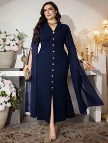 Modelyn Plus Size Women's Wine Red Blazer Collar Dress, Single-Breasted Gold Button Sheer Chiffon Sleeve Cinched Waist Vintage Elegant Dress, Autumn/Spring - Navy Blue - View 3