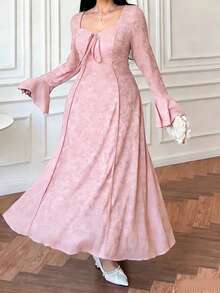 Vibekara Plus Size Women Elegant Knotted Waist Party Dress - Pink - View 3