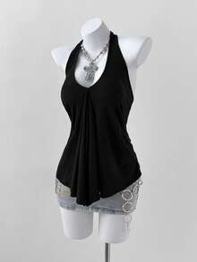 Sunspun Plus Size Women V-Neck Halter Tie Loose Backless Pleated Casual Versatile Daily Wear Top - Black - View 7