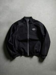 SLATEMANN Mature, Casual, Letter Print, Contrast Trim Design Jacket And Coat - Black - View 1