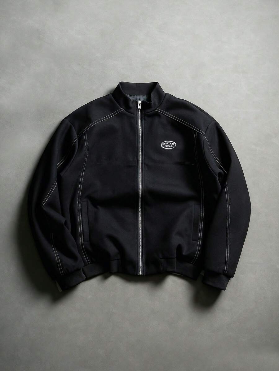 SLATEMANN Mature, Casual, Letter Print, Contrast Trim Design Jacket And Coat - Black - View 1