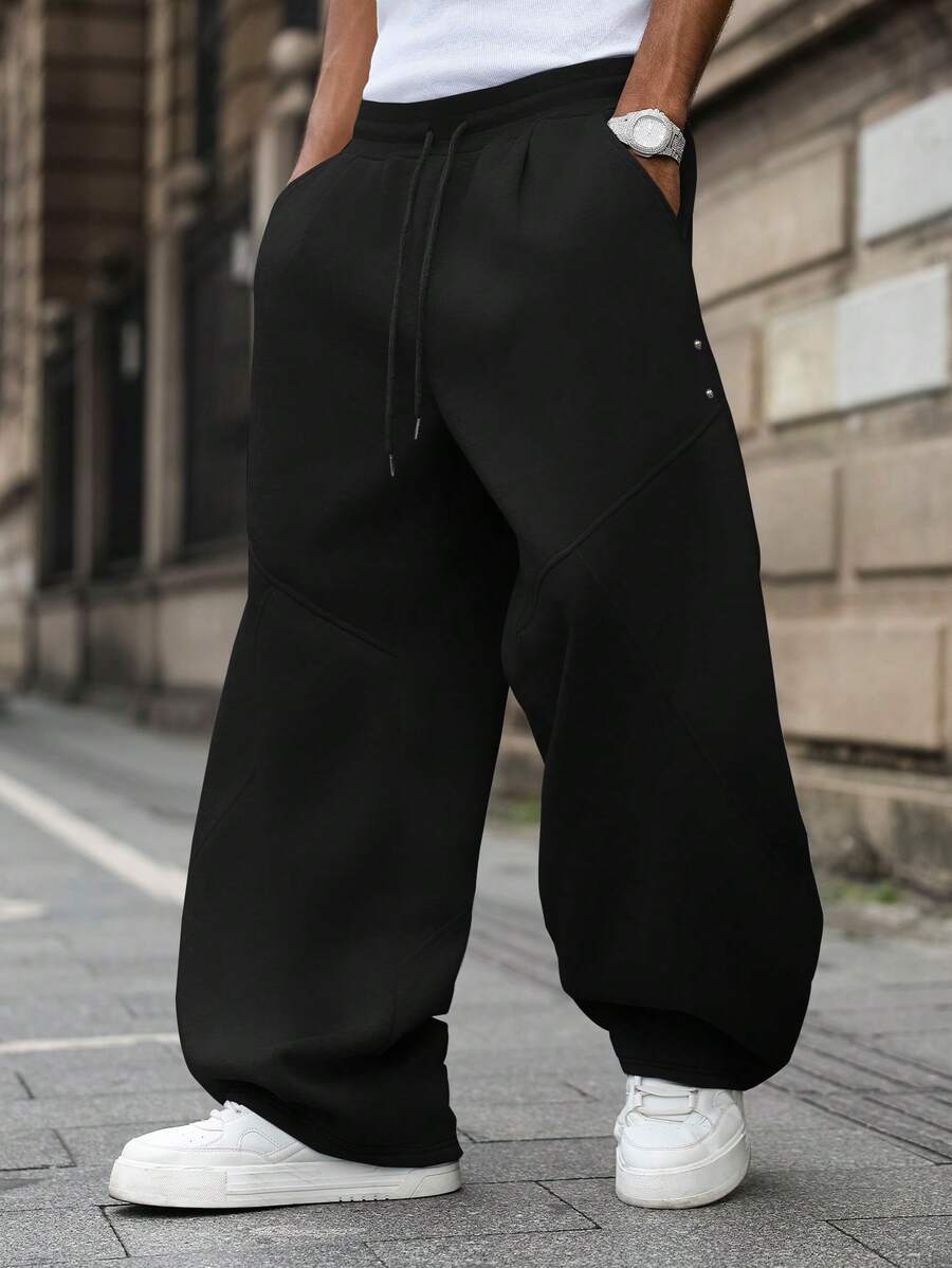 PAVTROS Plus Size Men's Drawstring Waist Pockets Casual Loose Fit Sweatpants, Versatile For Daily Wear - Black - View 1