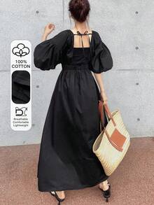 FRIFUL Women's Summer/Spring Solid Color Tie Bow Decor Flared Waist Fitted Long Dress, Versatile Sundress - Black - View 1