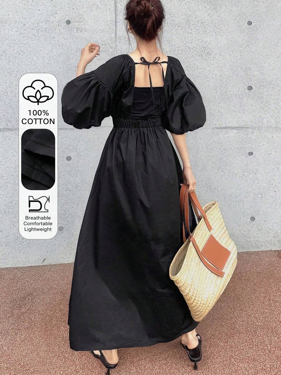 FRIFUL Women's Summer/Spring Solid Color Tie Bow Decor Flared Waist Fitted Long Dress, Versatile Sundress - Black - View 1