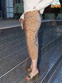 Gretanique 时尚亮片开衩半身裙，适合新年女士穿着 - 卡其色 - 查看 4