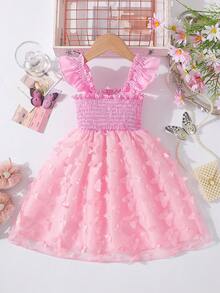Glamorique Kids 女童纯色短袖花卉拼接优雅夏季连衣裙 - 粉色 - 查看 2