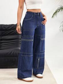 Rivivi 女士休闲水洗直筒牛仔裤 - 藍色 - 查看 4