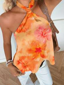 SHEIN EZwear Top feminino frente única com estampa floral de hibisco laranja, estilo casual minimalista para férias na primavera e verão, cruzeiro na praia, boho, faroeste, festival, garota da ilha, vintage, praia, romântico, com vibe de férias, férias de primavera, fofo, para casa, delicado, para garota clean, festival de música, show, casamento, convidada, viagem à cidade, elegante para as férias. - Multicolorido - Ver 4